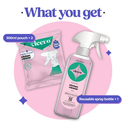 Cleevo Kitchen Cleaner Spray 1L Bottle Pack (2 Sachets makes 1 Litre)|Powder to Liquid | | Non-Toxic Degreaser for Gas Stove, Chimney & Countertop | Surface Cleaner (Lilly)