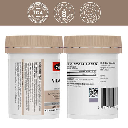 Swisse Vitamin D - 100% RDA of Vitamin D3 (Manufactured In Australia, Internationally Proven Formula) High Absorption Vitamin D3 For Healthy Bones, Immunity & Strong Muscles (90 Tablets)