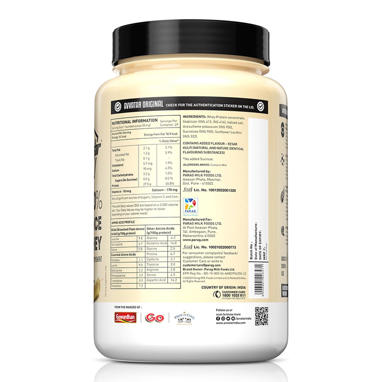 avvatar PERFORMANCE WHEY PROTEIN | 1Kg | Malai Kulfi Flavour I 27.5g Protein | 29 Servings