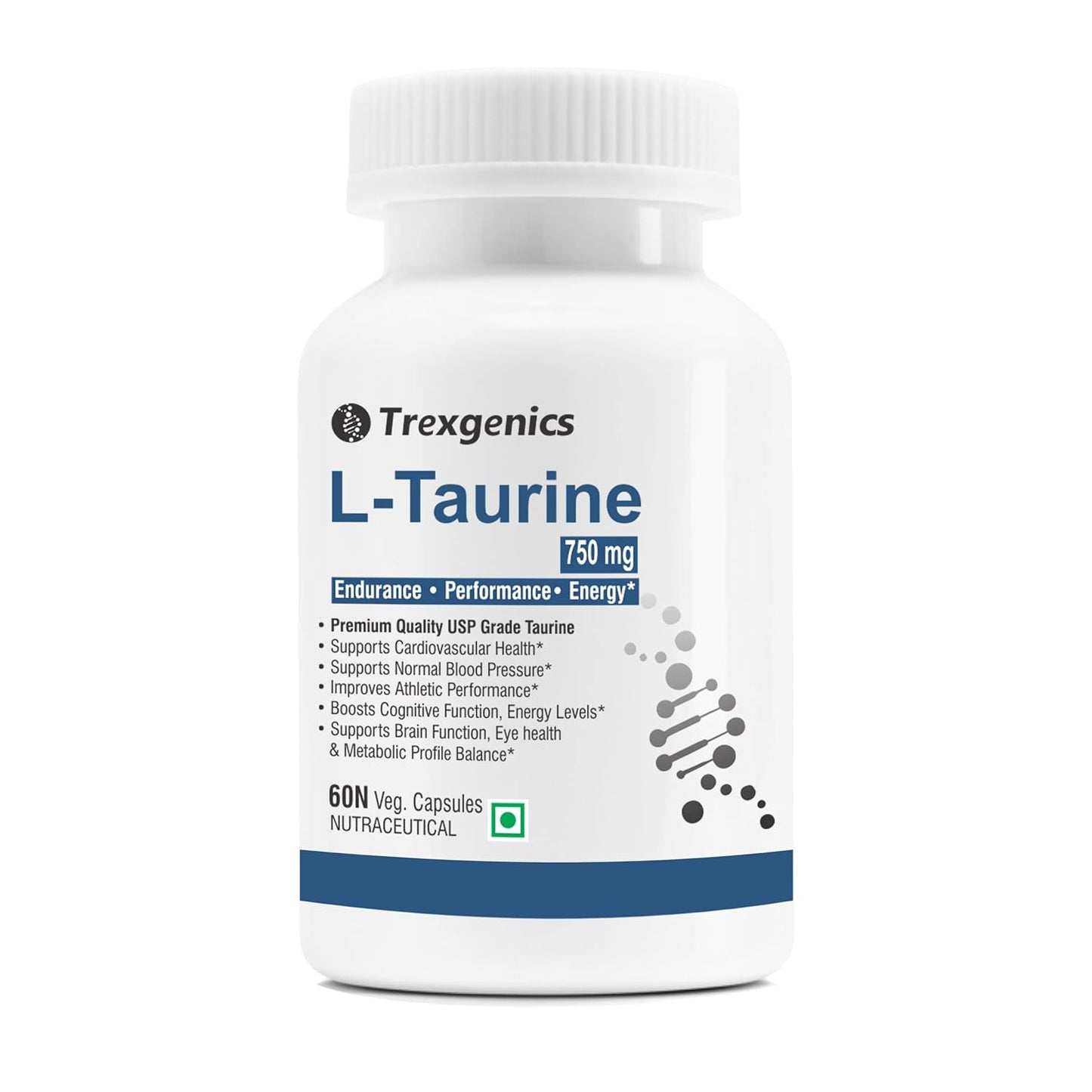Trexgenics L-TAURINE 750 mg Nervous System, Energy, Heart, Cardiovascular system, Brain, Eye Health Support (60 Vcaps) (Pack of 1)