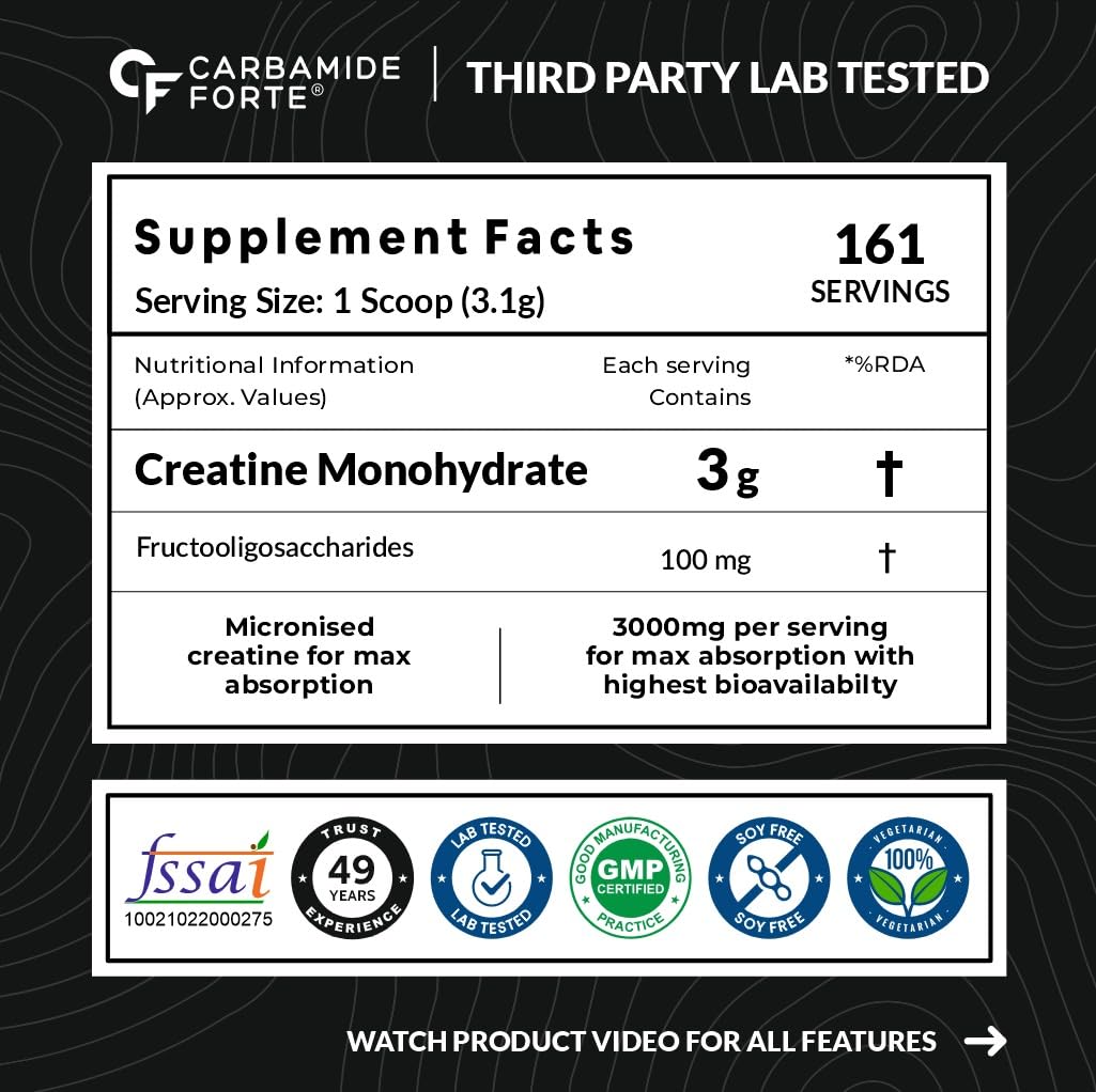 Carbamide Forte Creatine Mono hydrate Powder | Micronized Monohydrate Creatine 500g | Micronized Monohydrate Supplement for Lean Muscle, Strength & Energy - Unflavoured - 161 Servings - 500g