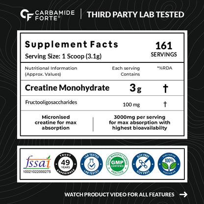 Carbamide Forte Creatine Mono hydrate Powder | Micronized Monohydrate Creatine 500g | Micronized Monohydrate Supplement for Lean Muscle, Strength & Energy - Unflavoured - 161 Servings - 500g