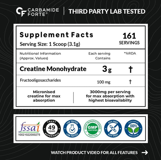Carbamide Forte Creatine Mono hydrate Powder | Micronized Monohydrate Creatine 500g | Micronized Monohydrate Supplement for Lean Muscle, Strength & Energy - Unflavoured - 161 Servings - 500g