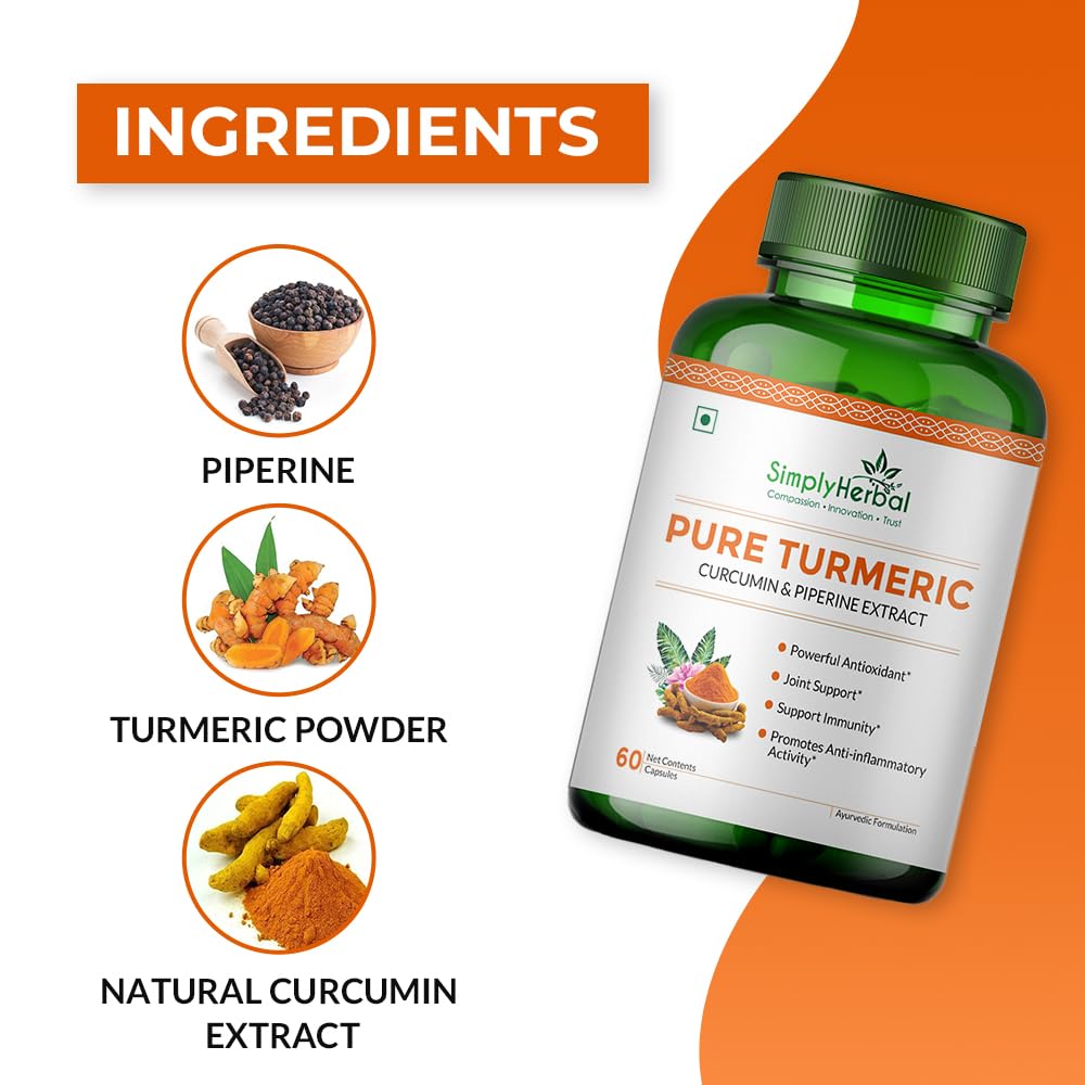 Simply Herbal 800 MG Turmeric Curcumin & Piperine Extract Capsules for Immunity | Immunity Boosters Capsule for Adults | Good for Skin & Joint Pains | Natural and Pure Curcuminoids Capsule, Pack of 1