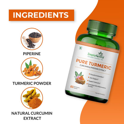 Simply Herbal 800 MG Turmeric Curcumin & Piperine Extract Capsules for Immunity | Immunity Boosters Capsule for Adults | Good for Skin & Joint Pains | Natural and Pure Curcuminoids Capsule, Pack of 1