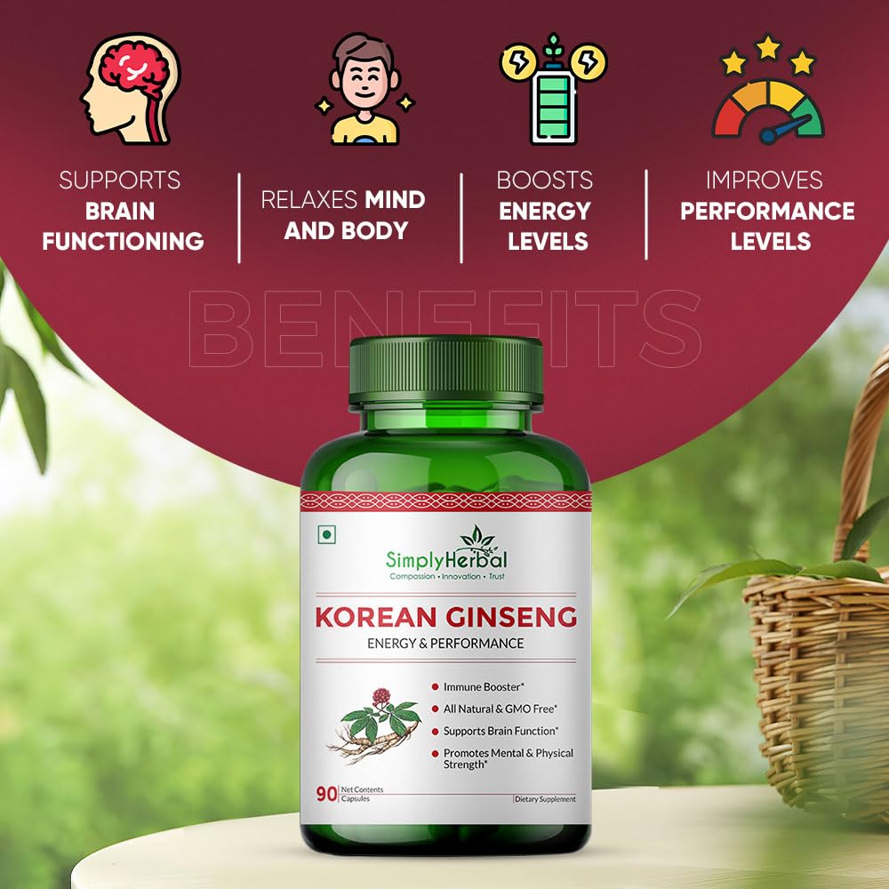 Simply Herbal Korean Red Ginseng 1000mg â€“ 90 Veg Capsules | Energy, Vitality & Stamina Support | Herbal Adaptogen Supplement for Men & Women