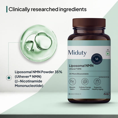 Miduty Liposomal NMN Supplement | Increase Energy levels, Metabolism & Longevity | Nicotinamide Mononucleotide for Anti-Aging, NAD+ Support & Cellular Health | NMN Capsules with Resveratrol | 30 Count
