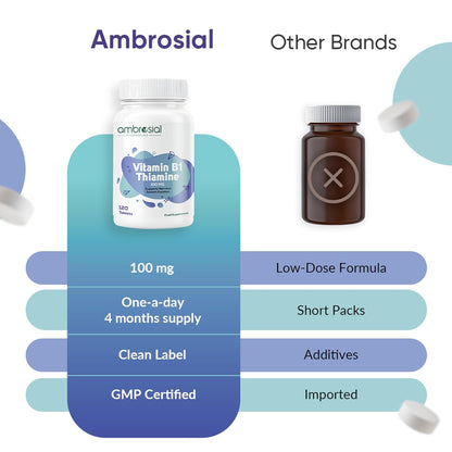 Ambrosial Vitamin B1 Thiamine 100mg - High Strength Vitamin B1 Thiamine for Heart, Immune System, Psychological Function, and Energy Yielding - 120 Tablets