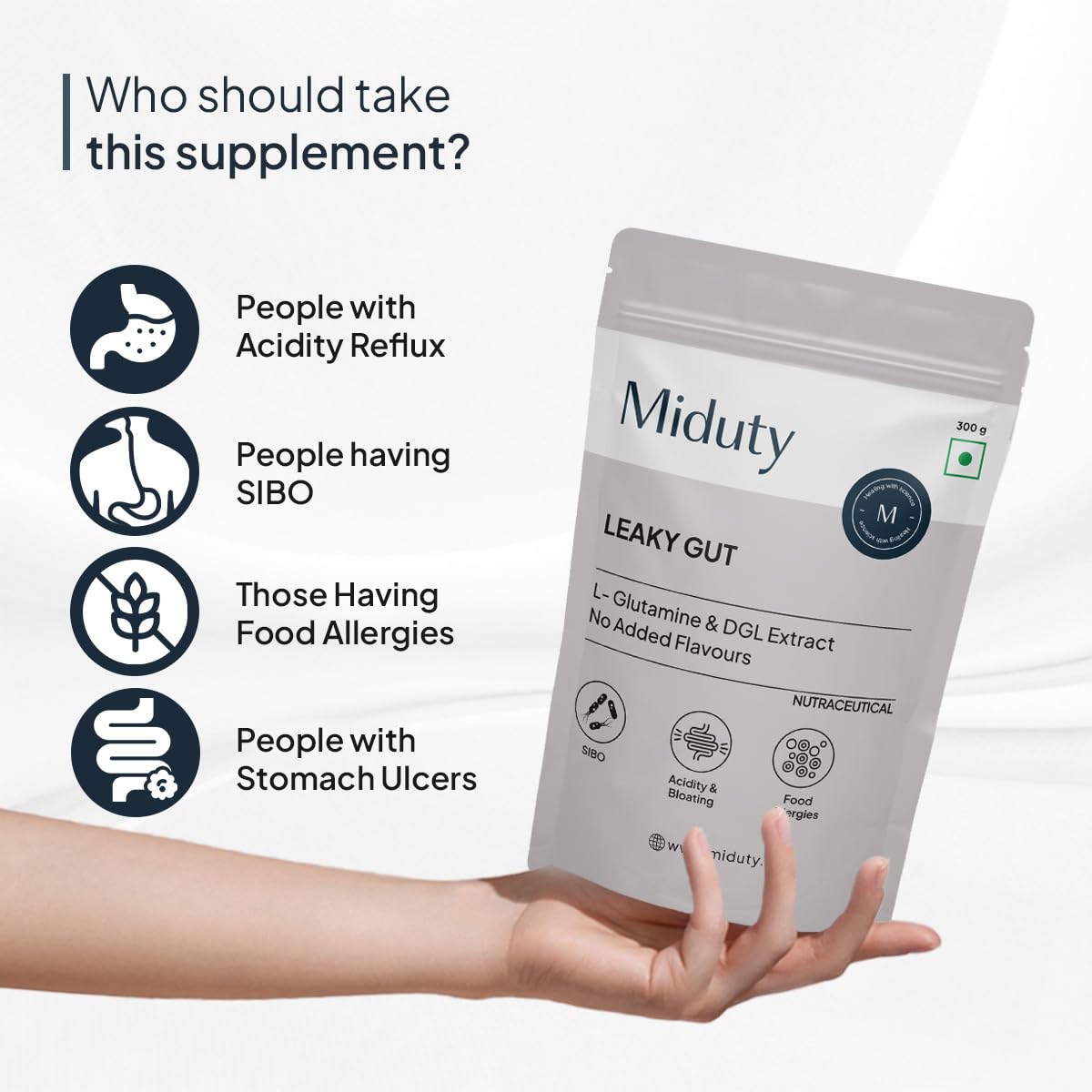 Miduty by Palak Notes Leaky Gut Powder - Supports Gastrointestinal lining, Leaky Gut - Helps In Constipation And Heartburn - Advanced Formula with L Glutamine and Aloe Vera Extract - 300 Grams