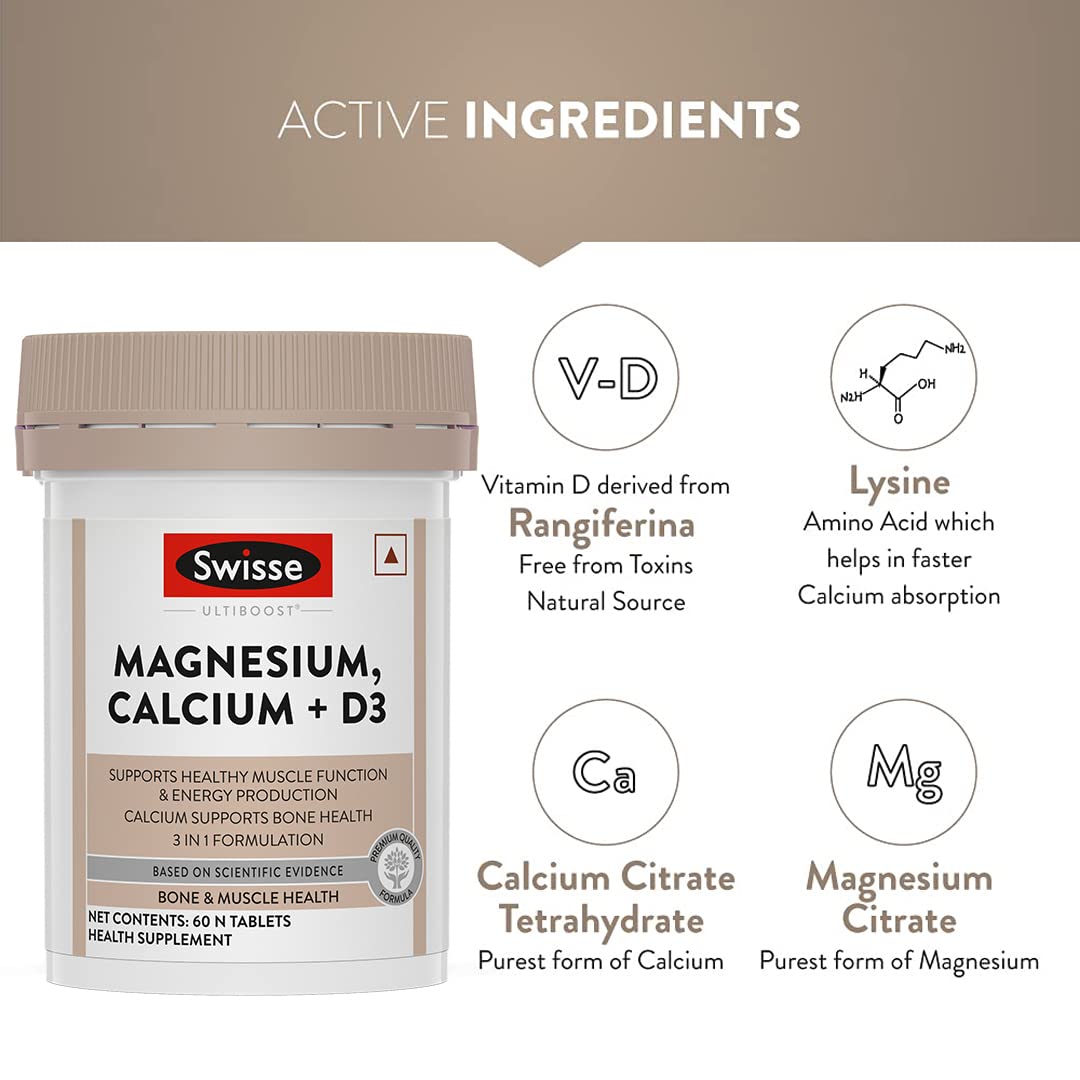 Swisse Magnesium, Calcium+D3 Supports Muscle Function, Energy & Bone Health (Manufactured In Australia) - 60 Tablets (1 Tablet Per Serving)