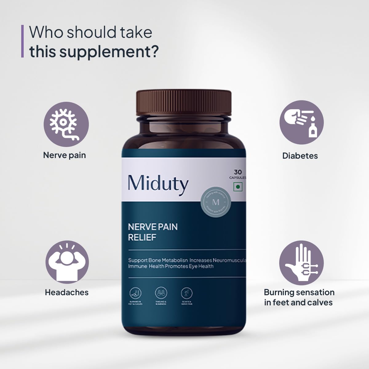 Miduty by Palak Notes Nerve Pain Relief Nerve Damage for Nerve Blocks, Acetyl L-Carnitine, R-Lipoic Acid, Horse Chestnut, Combats Sciatica Pain & Tingling Sensation, Nerve Pain Relief Pack - 30 Caps