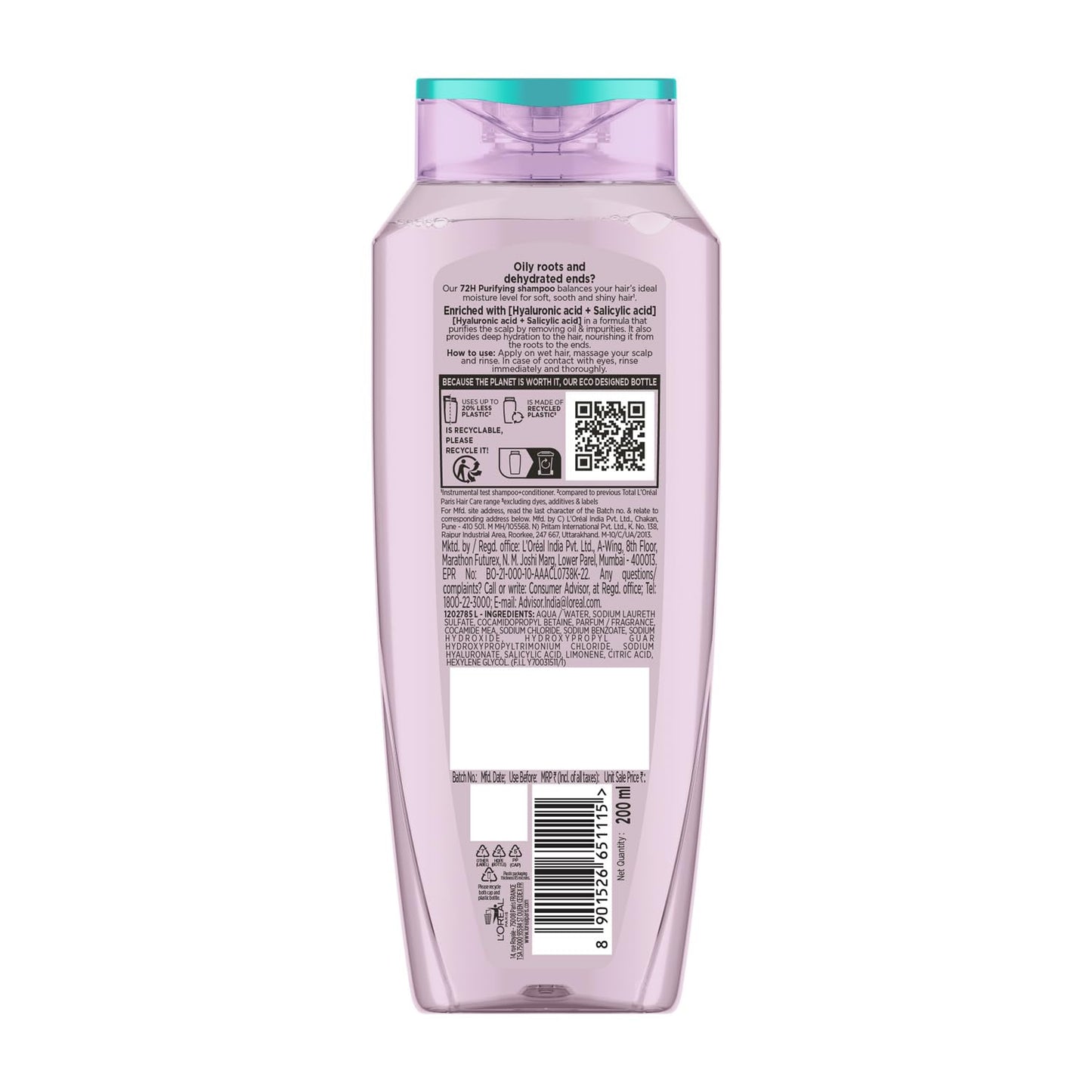 Lâ€™OrÃ©al Paris Hyaluron Pure 72H Purifying Shampoo, For oily scalp & dry hair with salicylic and hyaluronic acid, 200 ml