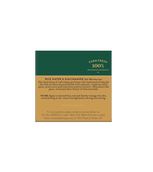 Biotique Rice Water & Niacinamide Gel Moisturizer for All Day Hydration & Natural Glow-Lightens Dark Spots & Acne Scars|For Men & Women - 50ml