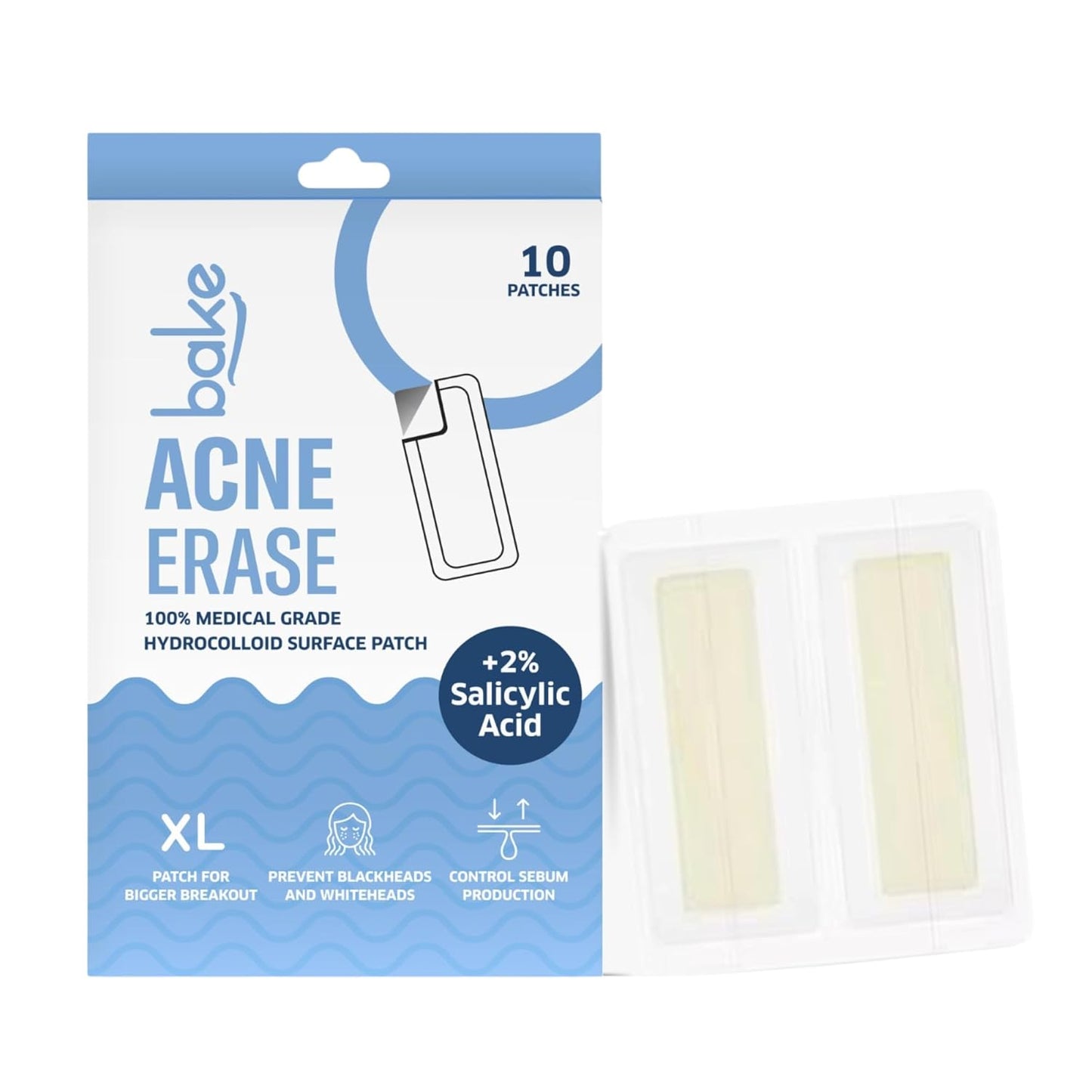 BAKE 2% Salicylic Acid Hydrocolloid Acne Absorbing (4 Patches) Surface Patch XL Pimple Patches for Blackheads Removal | Large Acne Erase Strips | Pore Cleansing & Reduces Whiteheads (10 Strips)