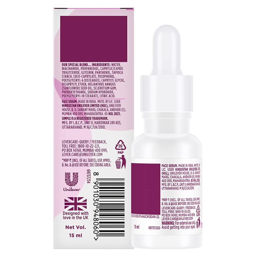 Simple Booster Serum 10% Niacinamide Provides Even Skin Tone & Hydration, Light Weight, Paraben Free, No Perfume, No Alcohol, Biodegradable, 15 ml