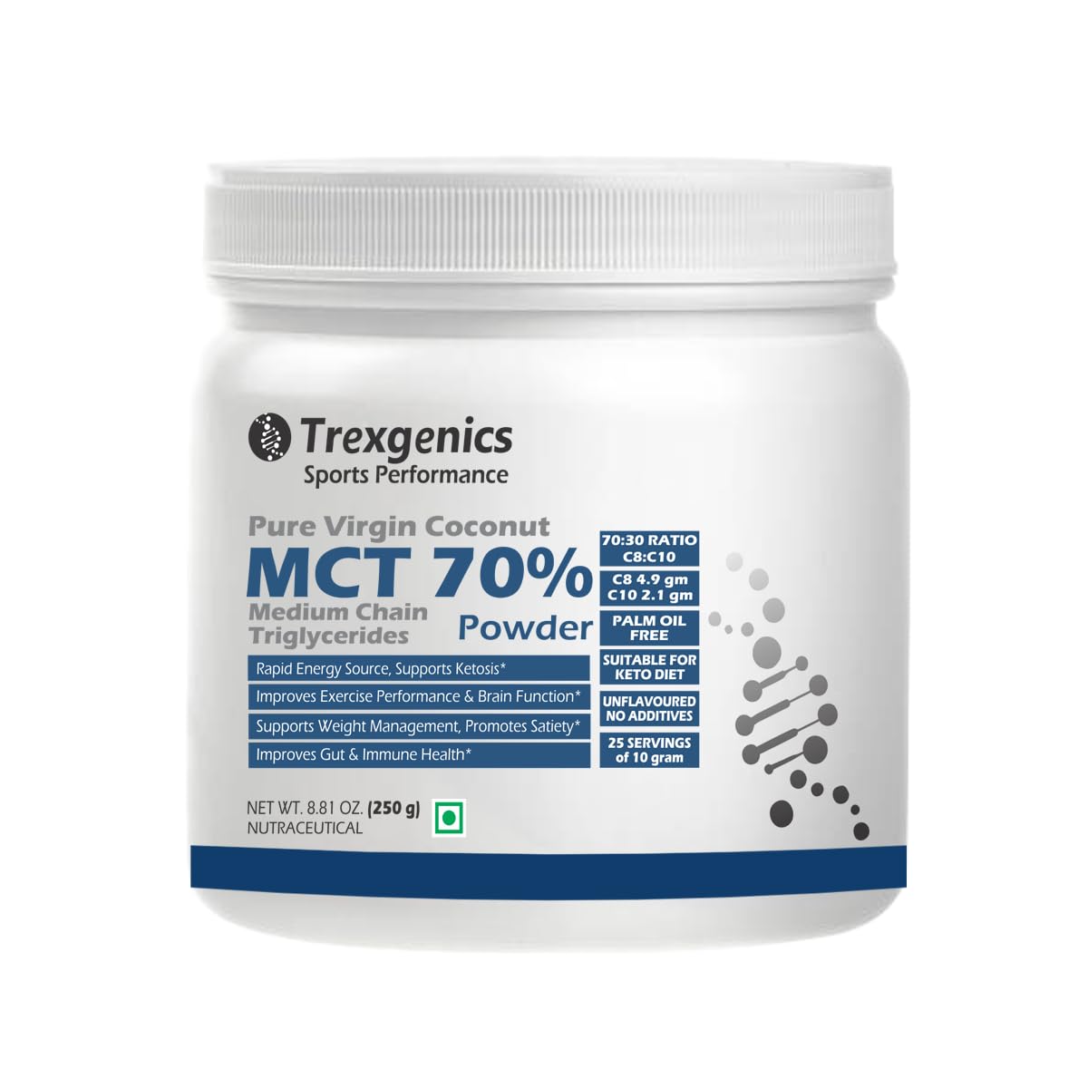 Trexgenics Pure MCT Medium Chain Triglycerides 70% Powder (from Virgin Cogonut) 70:30 C8:C10 Ratio, Rapid Energy, Ketosis Support (250 gram)