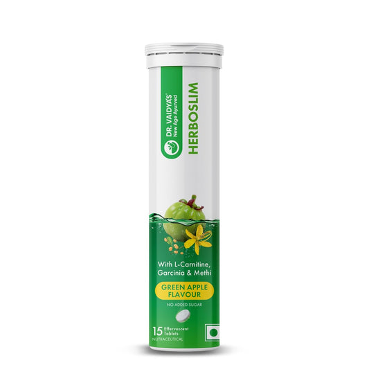 Dr. Vaidya's Herboslim Fizz With L-Carnitine, Garcinia, And No Added Sugar, Green Apple Flavour, 15 Tablets