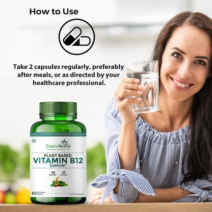 Simply Herbal Plant Based Vitamin B12 Capsules Improves Your Brain Function & Nervous System for Men & Women, (60 Capsules)