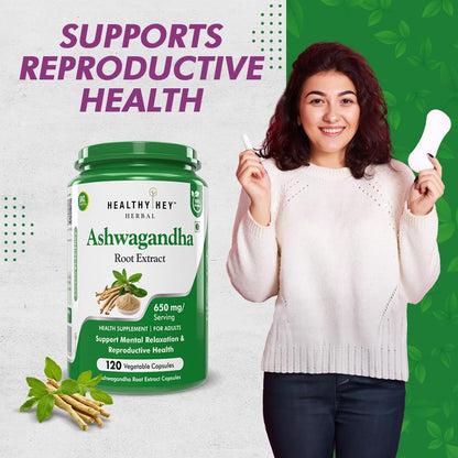 HealthyHey Herbal Ashwagandha root extract - 650 mg per serving - 120 vegetable capsules
