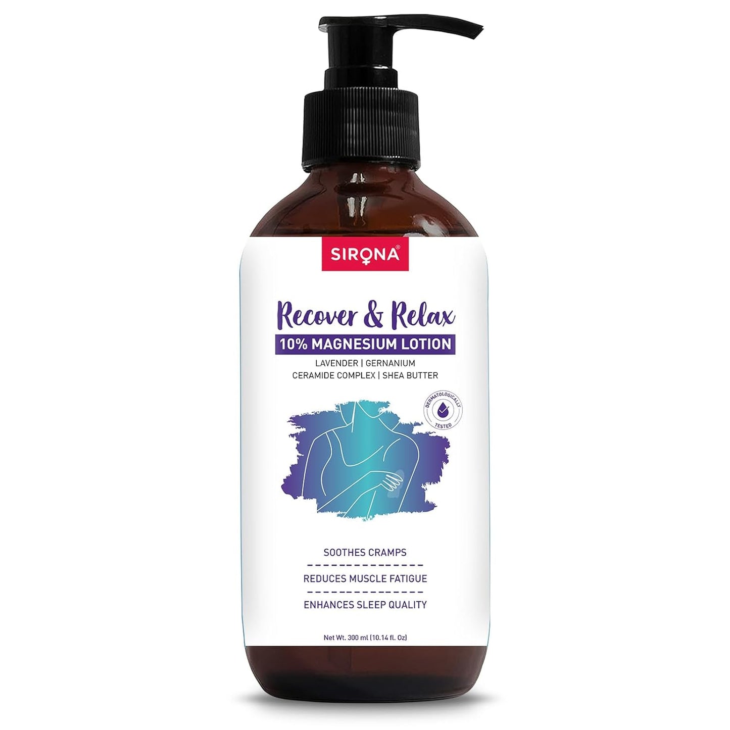 Sirona 10% Magnesium Body Lotion - 300 ml | For Muscle Relaxation, Cramps Relief & Better Sleep | Lavender & Geranium | With Ceramide Complex & Shea Butter | Fast-Absorbing | Dermatologically Tested