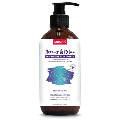 Sirona 10% Magnesium Body Lotion - 300 ml | For Muscle Relaxation, Cramps Relief & Better Sleep | Lavender & Geranium | With Ceramide Complex & Shea Butter | Fast-Absorbing | Dermatologically Tested