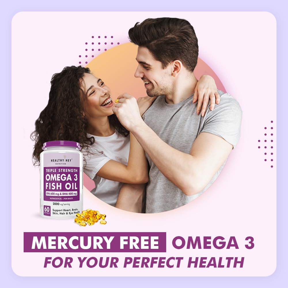 HealthyHey Nutrition Fish Oil Omega 3 For Women and Men | Triple Strength Fish Oil | Burpless, EPA 600 - DHA 400 Supplement , 60 Softgel