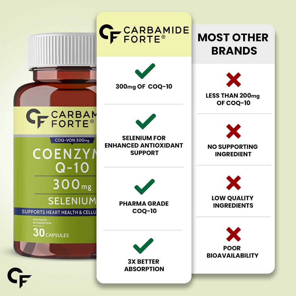 Carbamide Forte Coenzyme Q10 | CoQ10 Supplement 300mg with Selenium 40mcg | Coq10 Ubiqinol Supports Heart Health and Vascular Health | 100% Vegetarian â€“ 30 Capsules (pack of 1)