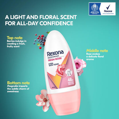 Rexona Fresh Rose Underarm Roll On Deodorant For Women, Antiperspirant With Glycerine, Removes Odour, Keeps Skin Fresh & Clean, Alcohol Free, 50 ml