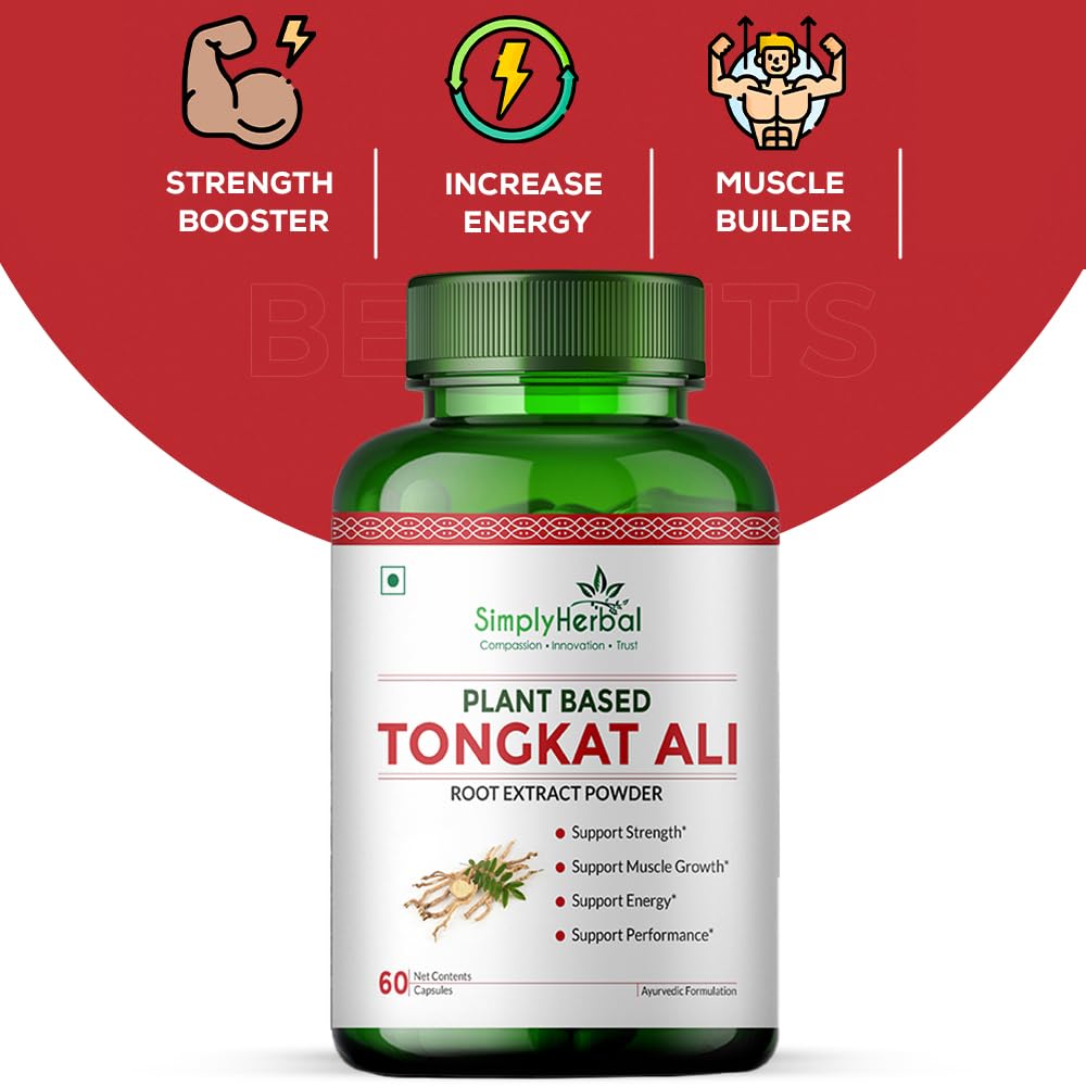Simply Herbal Tongkat Ali root extract powder 1000mg | Enhanced testosterone level, Stamina and Stress tolerance 60 Veg Capsules