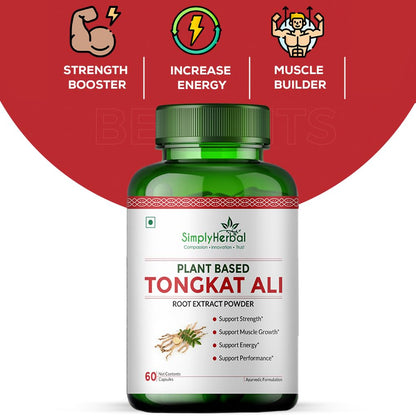 Simply Herbal Tongkat Ali root extract powder 1000mg | Enhanced testosterone level, Stamina and Stress tolerance 60 Veg Capsules