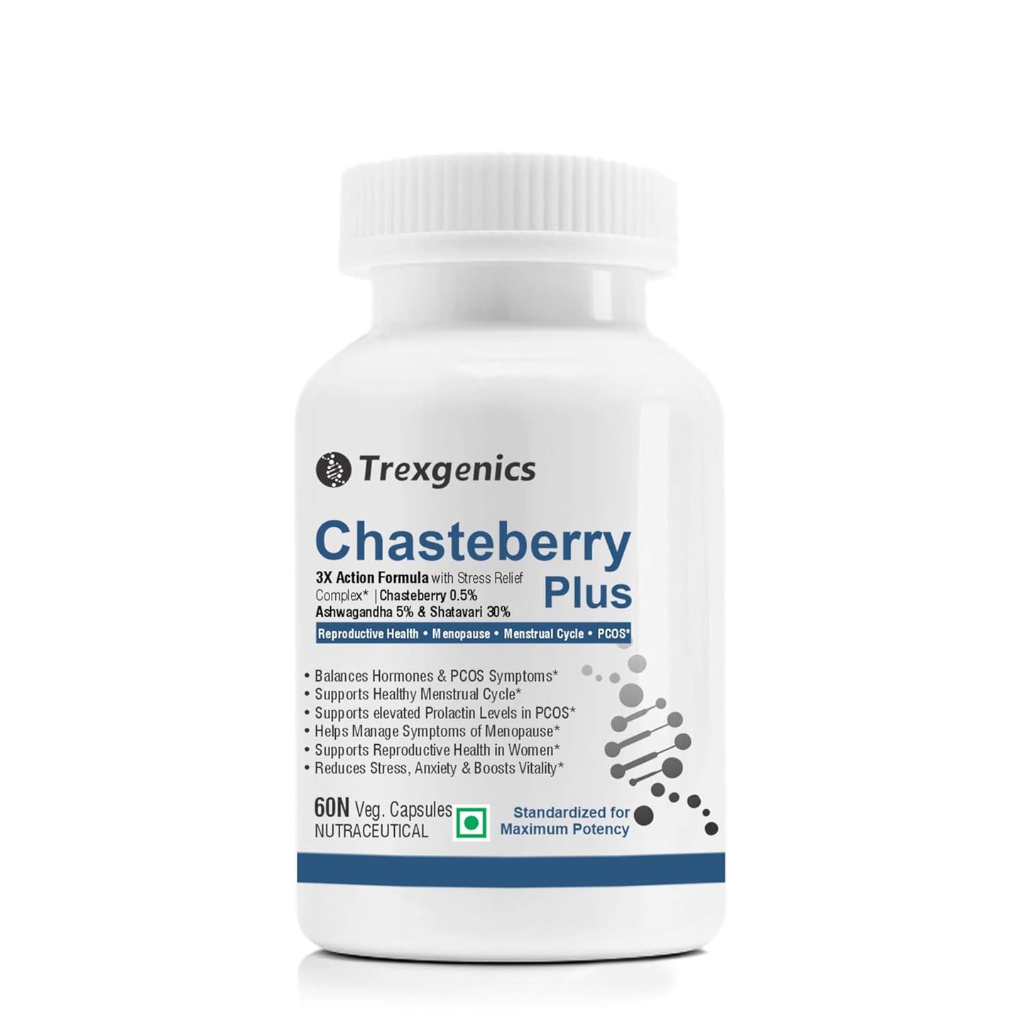 Trexgenics CHASTEBERRY PLUS Women's health formula with Chasteberry, Ashwagandha & Shatavari (60 Vcaps) (Pack of 1)