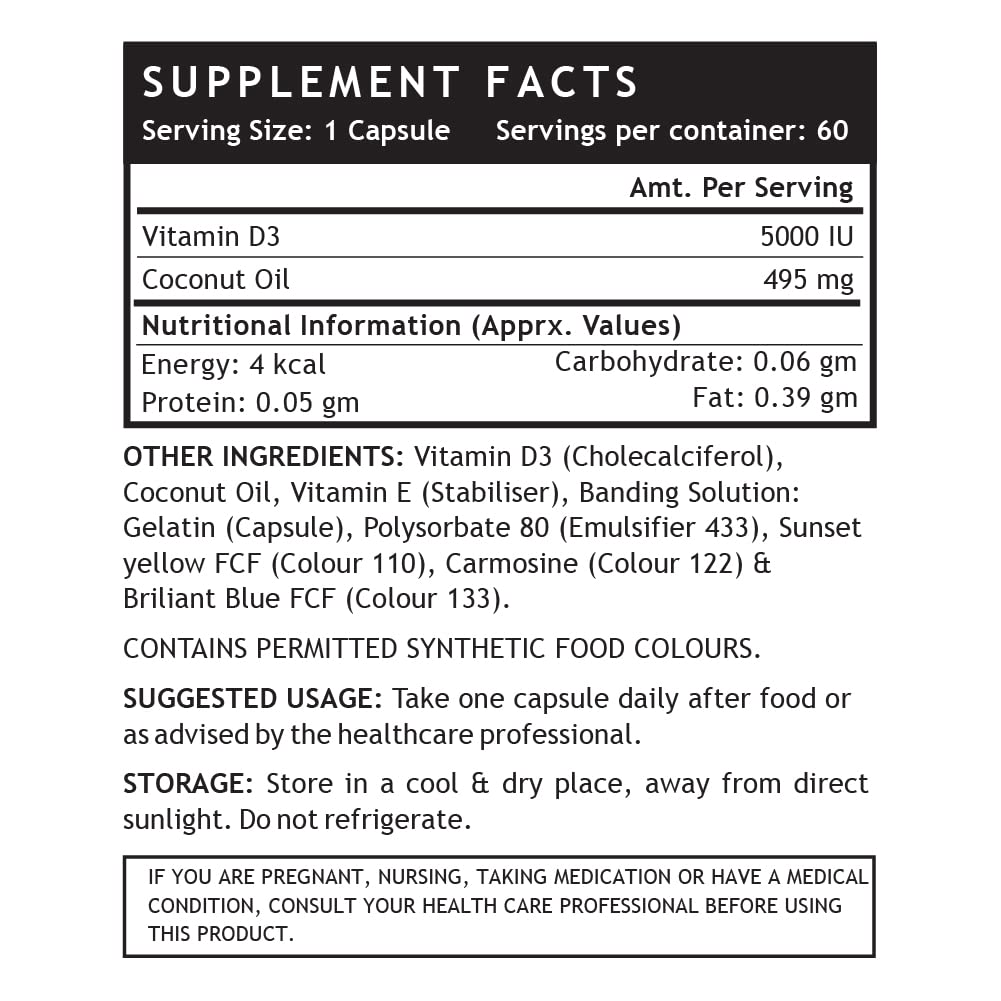 INLIFE Vitamin D3 5000 IU Cholecalciferol with Extra virgin Coconut Oil Supplement for Better Absorption| For both Men & Women| supports Immunity, Bones & Muscle health| Pack of 1-60 Soft gels.