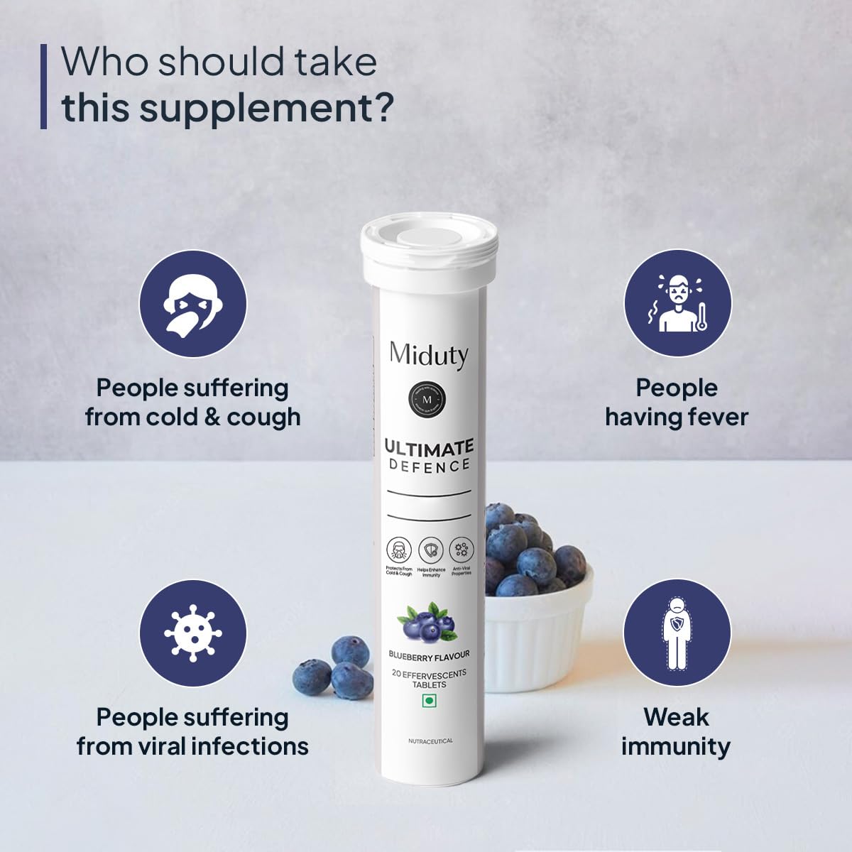 Miduty By Palak Notes Ultimate Defence - Amla Extract - Vitamin C - Wheatgrass - Immune Support Booster - Blueberry flavour - 20 effervescent tablets