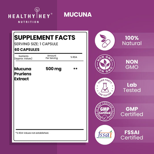 HealthyHey Nutrition Mucuna Pruriens Extract - For Mood and Motivation Support (60 Veg. Capsules)