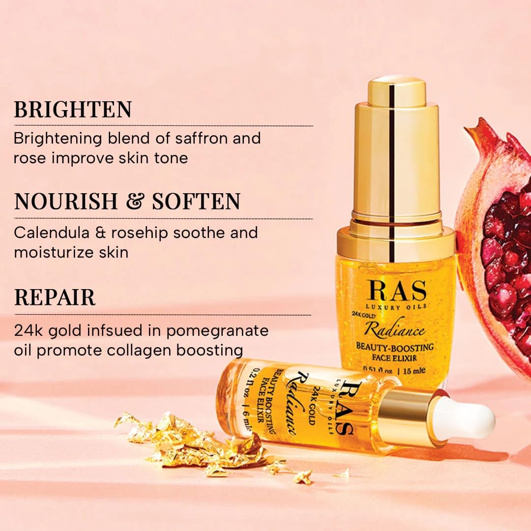 RAS Luxury Oils 24K Gold Radiance Elixir Face Serum for Glowing Skin, Skin Brightening, Reduce Wrinkles, Acne, Dark Spots, Natural & Organic