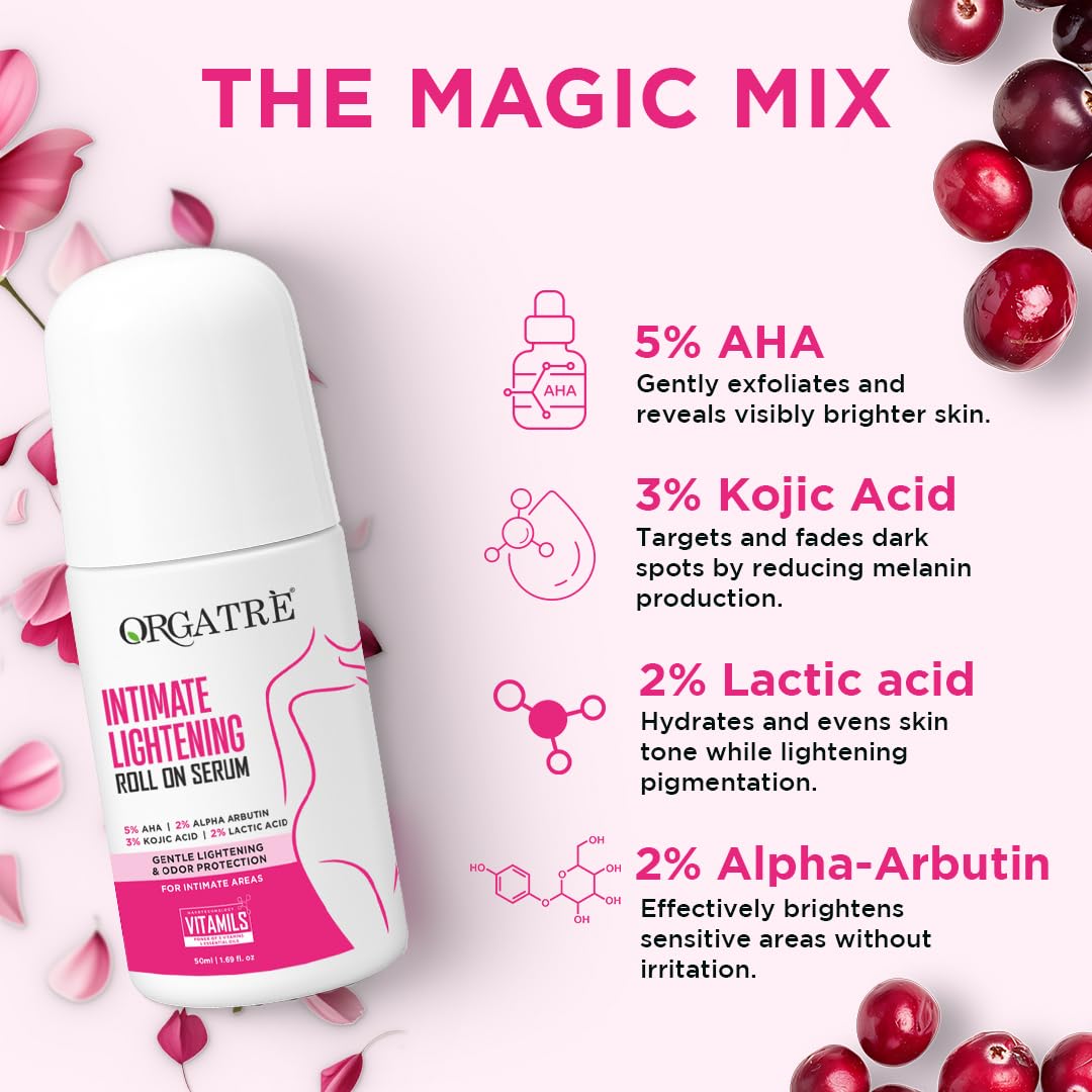 Orgatre Intimate Brightening Roll-On Serum | 5% AHA + 2% Alpha Arbutin 3% Kojic Acid | For Inner Thighs, Knees & Bikini Area | Intimate Areas for Women & Men 50ml