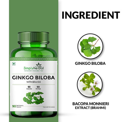 Simply Herbal Ginkgo Biloba 120mg With Bacopa Monnieri Extract Brahmi 380mg for Better Concentration, Improves Blood Circulation, Enhance Alertness, Memory & Learning, 90 Capsules