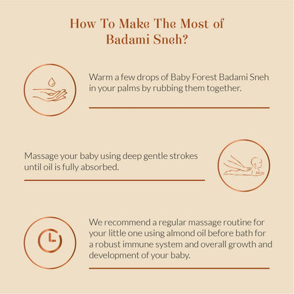 Baby Forest Badami Sneh Cold Pressed Almond Oil for Babies | Organic & Natural Baby Massage Oil for Skin, Hair & Body | Derma Safe, Non-Sticky, BPA-Free, Cruelty-Free | 200ml | Ayurvedic Baby Oil