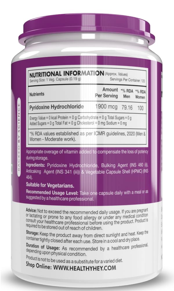 HealthyHey Nutrition Vitamin B6 Pyridoxine -120 Veg. Capsules