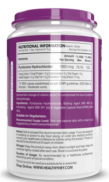 HealthyHey Nutrition Vitamin B6 Pyridoxine -120 Veg. Capsules