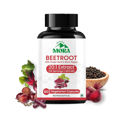 MORA Beetroot Capsules 20:1 Extract | Ayurvedic Beet Root Supplement with Grape Seed & Black Pepper Extract | Nitric Oxide, Blood Flow & Heart Health Support | For Energy, Stamina & Gym Performance | 60 Vegan Capsules