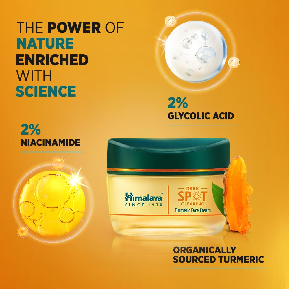 Himalaya Dark Spot Clearing Turmeric Face Cream | Organically sourced Turmeric | Reduce dark spots in 7 days | 2% Glycolic Acid & 2% Niacinamide | 50g