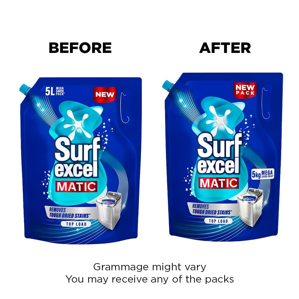 Surf Excel Matic Top Load Liquid Detergent 5Kg Refill Pouch, Specially designed to remove Tough Dried Stains, 1st time in Washing Machine