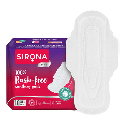 Sirona Max Sanitary Pads for Women | XL Plus (Pack of 10 Pads) | 100% Rash Free & Toxic-Free | Organic Cotton Sanitary Pad | Up to 0% Leakage, Comfortable & High Absorbency