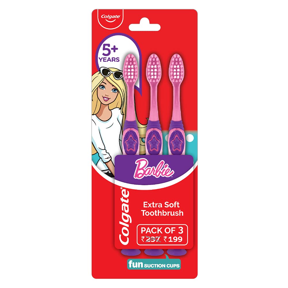 Colgate Kids Barbie Manual Toothbrush, Extra Soft with Tongue Cleaner (Pack of 3) & Kids Anticavity Toothpaste for 2-5 Years - 80gm (Strawberry flavour) COMBO