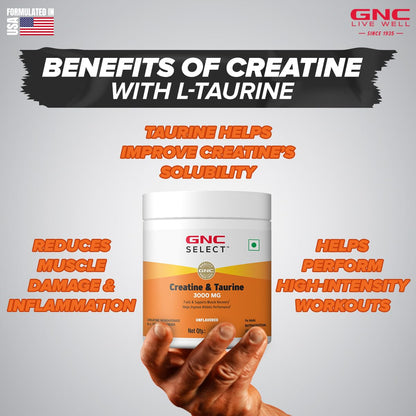 GNC Pure Micronized Creatine Monohydrate + Taurine | 100 gm | 33 Serving | Unflavoured | Instantized | Fuels Muscles | Increase Muscle Mass | Rapid Absorption | Faster Muscle Building| Lab Tested | Faster Muscle Recovery| Boost Performance | Imported
