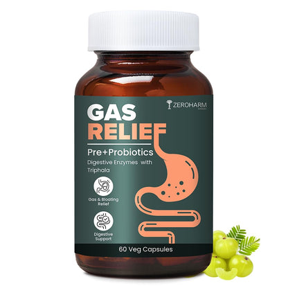 ZEROHARM Gas Relief Capsules | Ayurvedic Preâ€‘Probiotic & Digestive Enzymes Blend with Triphala (Amla, Haritaki, Bibhitaki) | Eases Digestion, Bloating, Gas Relief & Acidity | Men & Women | 60 Capsules