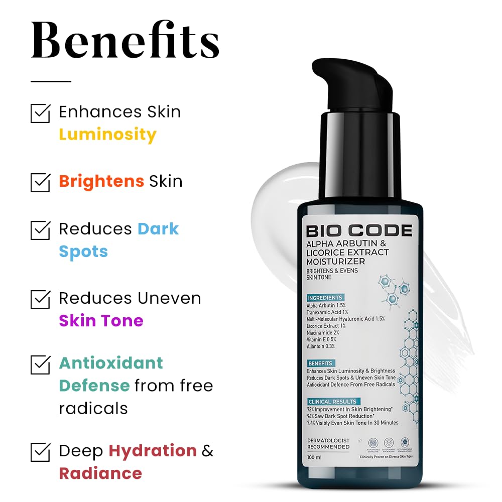 Bio Code 1.5% Alpha Arbutin Brightening Moisturizer (100ml) â€“ with 1% Tranexamic Acid, 1% Licorice & 2% Niacinamide | For Even Tone & Deep Hydration | AI-Enhanced Formula | Dermatologist Recommended