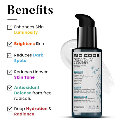 Bio Code 1.5% Alpha Arbutin Brightening Moisturizer (100ml) â€“ with 1% Tranexamic Acid, 1% Licorice & 2% Niacinamide | For Even Tone & Deep Hydration | AI-Enhanced Formula | Dermatologist Recommended