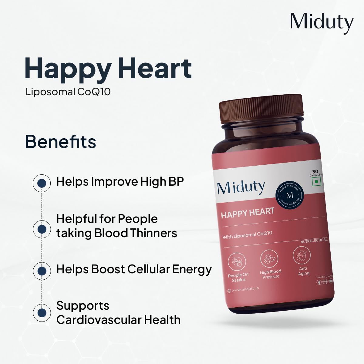 Miduty by Palak Notes Happy Heart - Liposomal CoQ10 - Heart Health Supplement - Methyl Folate - D-Chiro-Inositol - Blood Pressure Control, Healthy Skin, Heart Health & Kidney Health - 30 Capsules